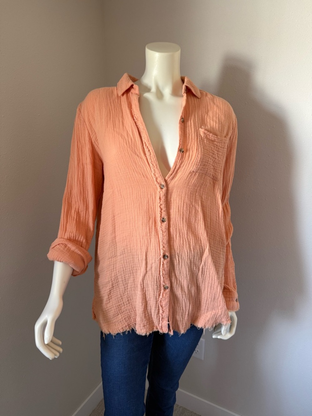 Peach Button-Front Gauze Shirt - Women